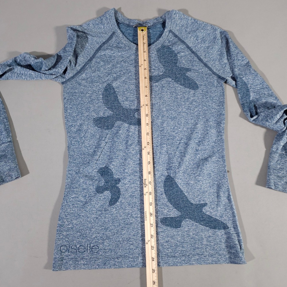 Oiselle Flyout Shirt Womens Medium Blue Bird Graphic Long Sleeve Running Top - Picture 4 of 6